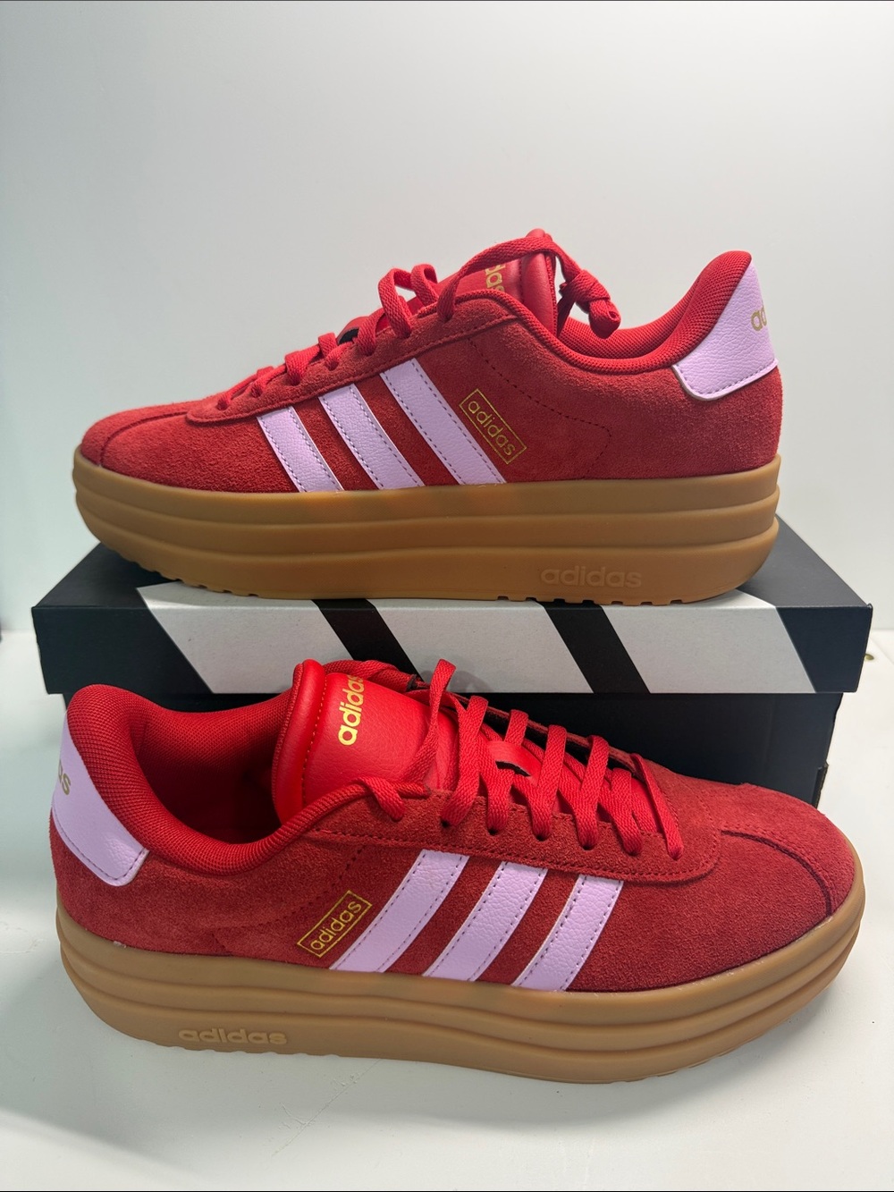adidas Woman’s Red Suede Platform Sneakers with Pink Stripes. Size 9.5